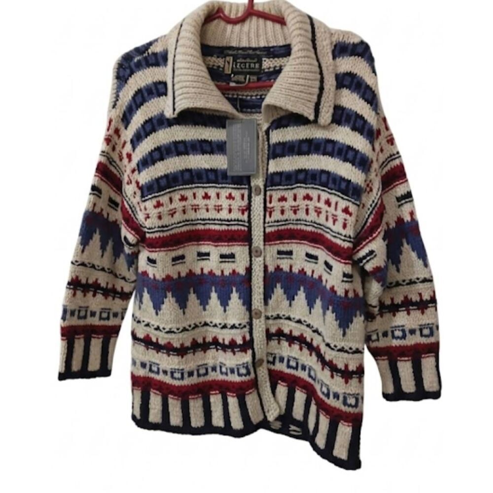 Eddie bauer women medium CHEHALIS Handknit patchwork sweater beige Chunky Thick